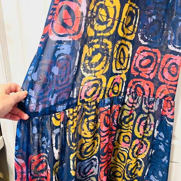 Bijelly Couture Long Maxi Dress-Large-Sheer-Ruffles-High Neck-Geometric-Colorful - Picture 6 of 15